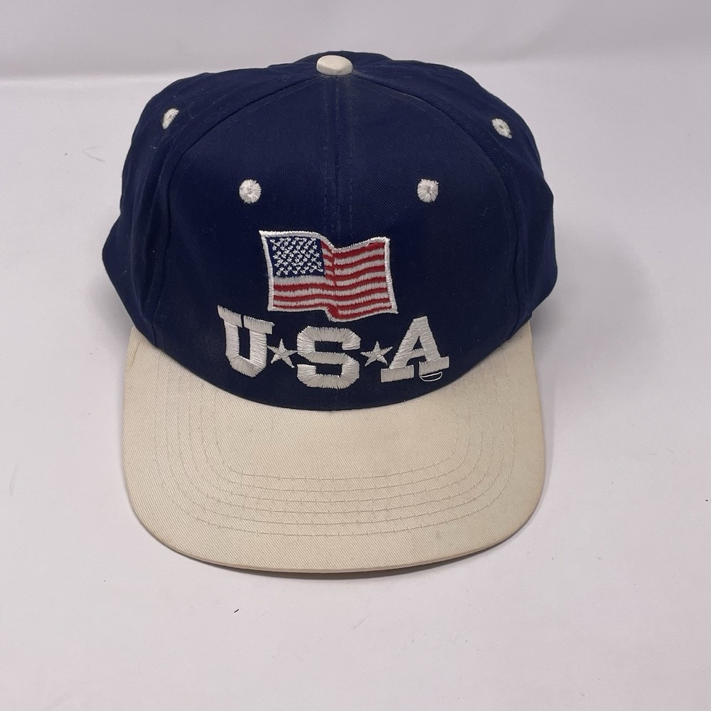 Vintage 90s USA American Flag Snapback Hat Navy Blue Cream Flat Bill Cap